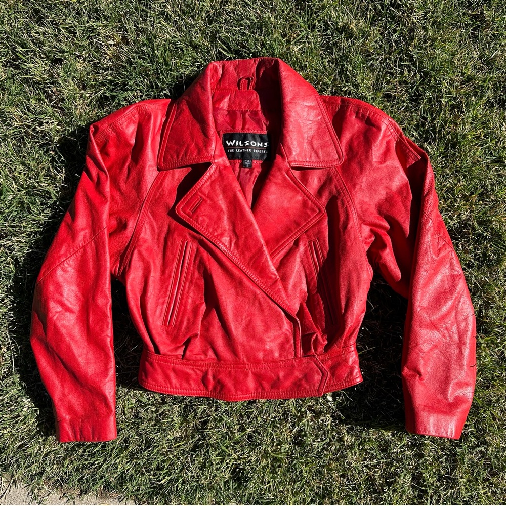 Wilson’s Red Leather Cropped Moto Jacket Women Small Vintage 80s90s Thriller Y2K